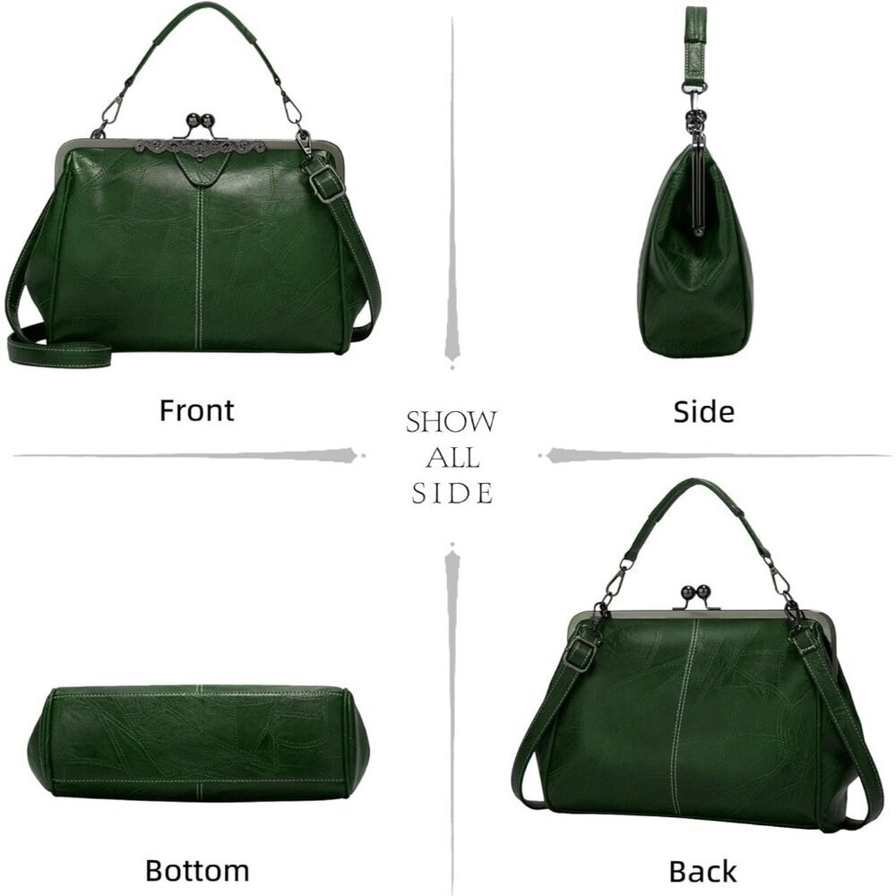 Women's Green Vegan Leather Kiss Lock Elegant Satchel Evening Crossbody Clutch - Picture 4 of 6
